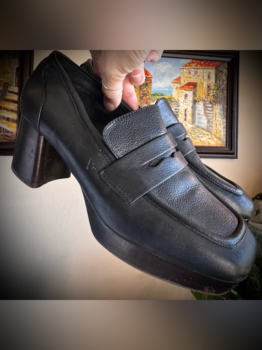 Vintage Leather Black Loafer Heels Clogs Shoes 8.5 Aerosoles